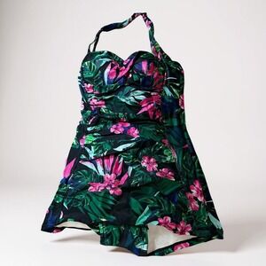 Tropical Floral Halter One-Piece Swimdress With Built-In Cups XL‎ NWOT
